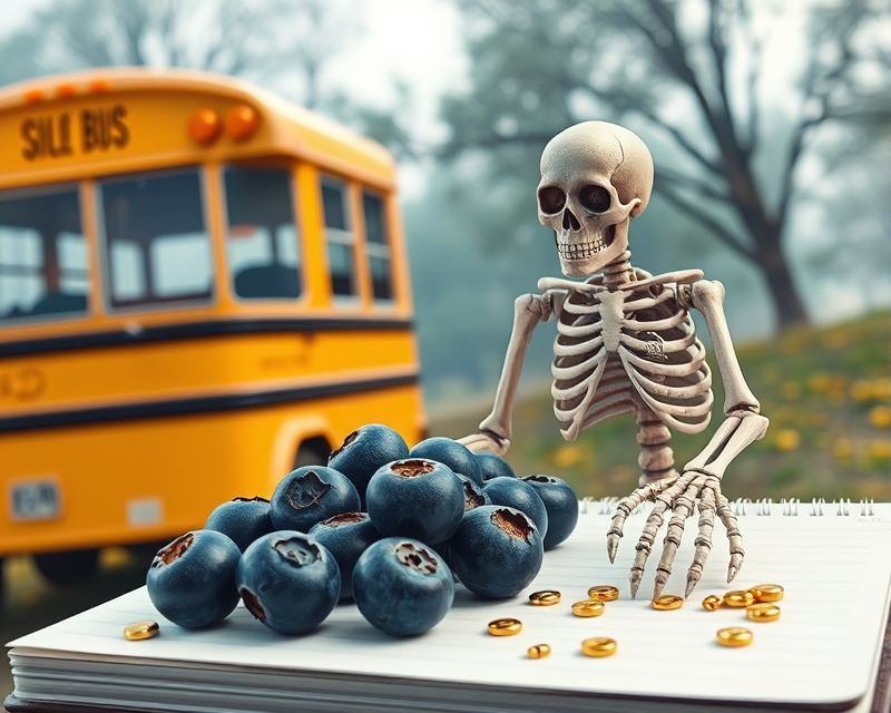 school bus, blueberry, notebook, gold, skeleton